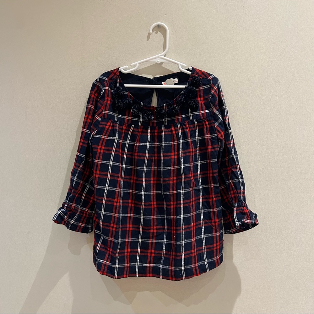 Crewcuts (10) Red and Blue Plaid Blouse with Pom Pom Neckline and Ruffled Cuffs